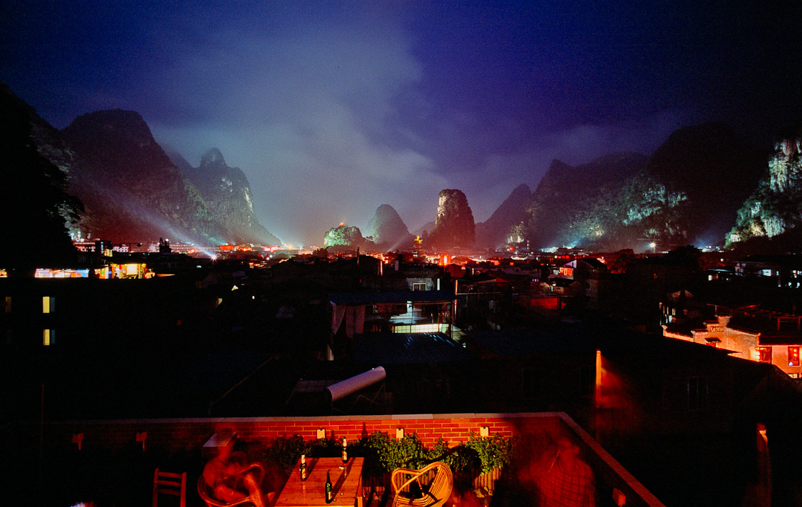 #58 Yangshuo. They light up the entire place at night. Bass is thumping. Welcome to Thailand.