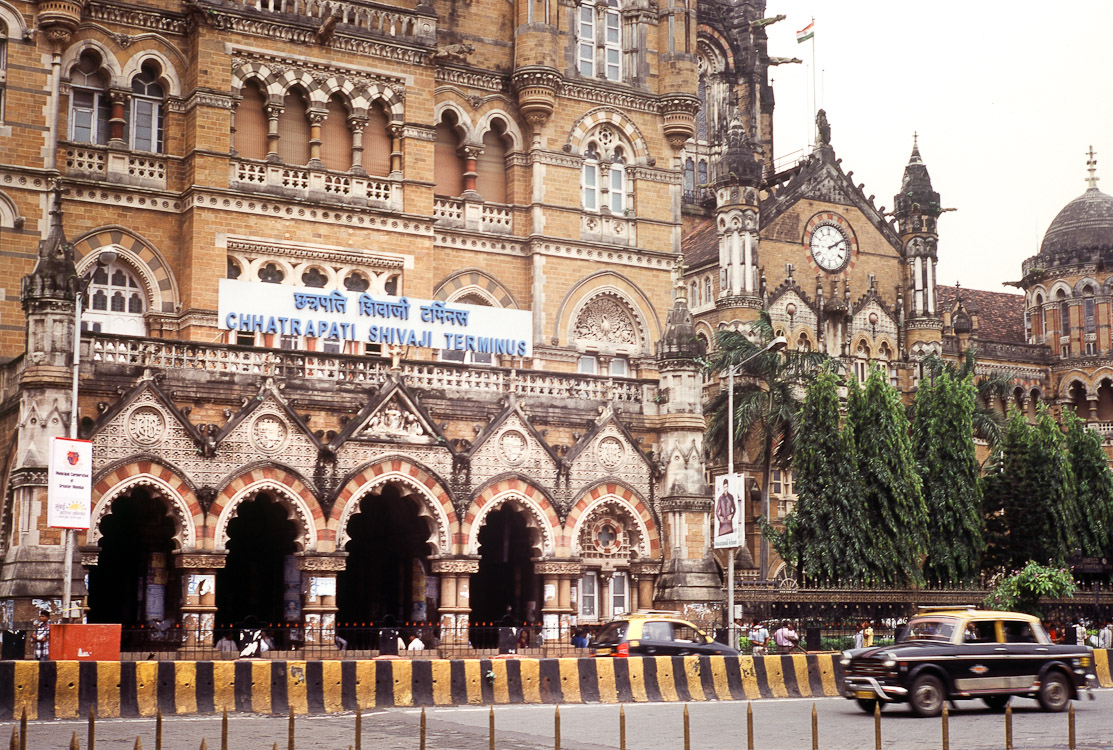 #30 Chhatrapati Shivaji Terminus, Mumbai. taxi in front. stock photo right there.